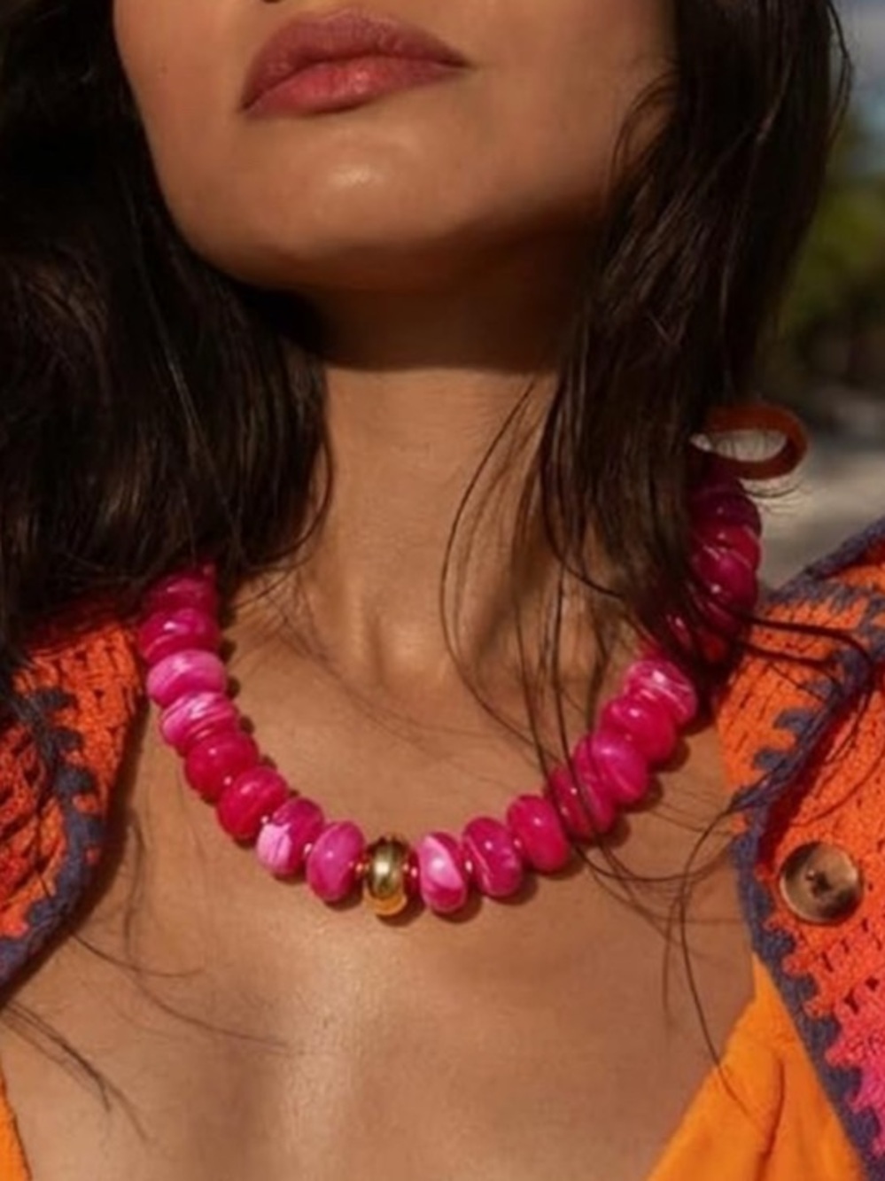 Hot Pink Beaded Necklace with Gold Accent